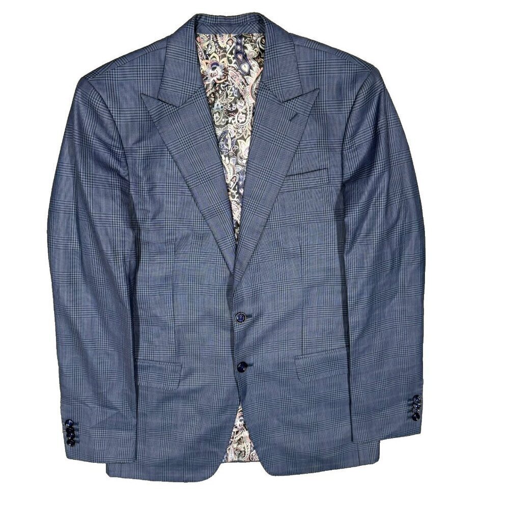 SuitFox Blazer Glen Check Wool Sport Coat Blue Huddersfield Cloth 40R